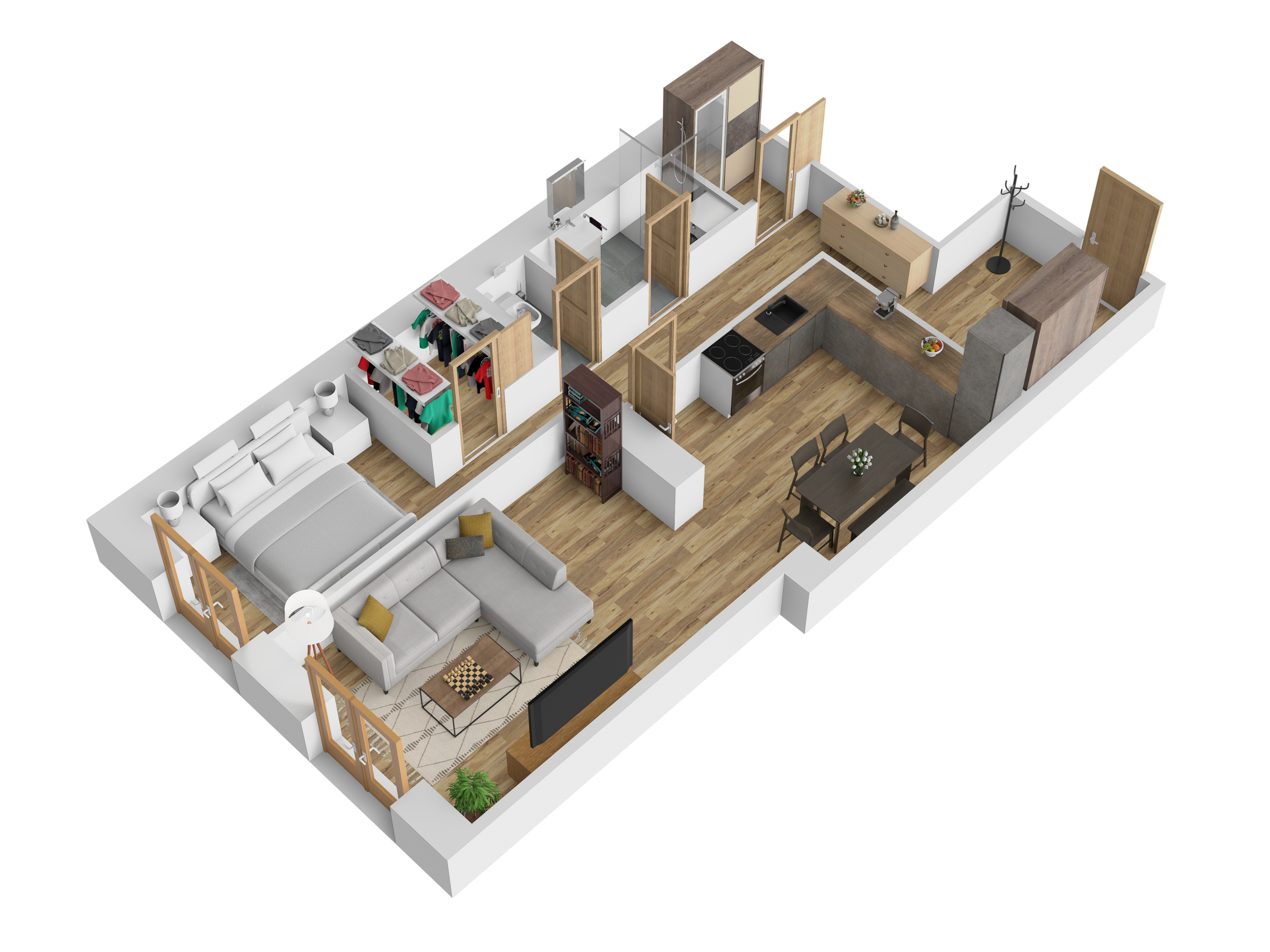 3D vizualizace apartmánu A — 2+1, 74 m² (orientační zařízení).