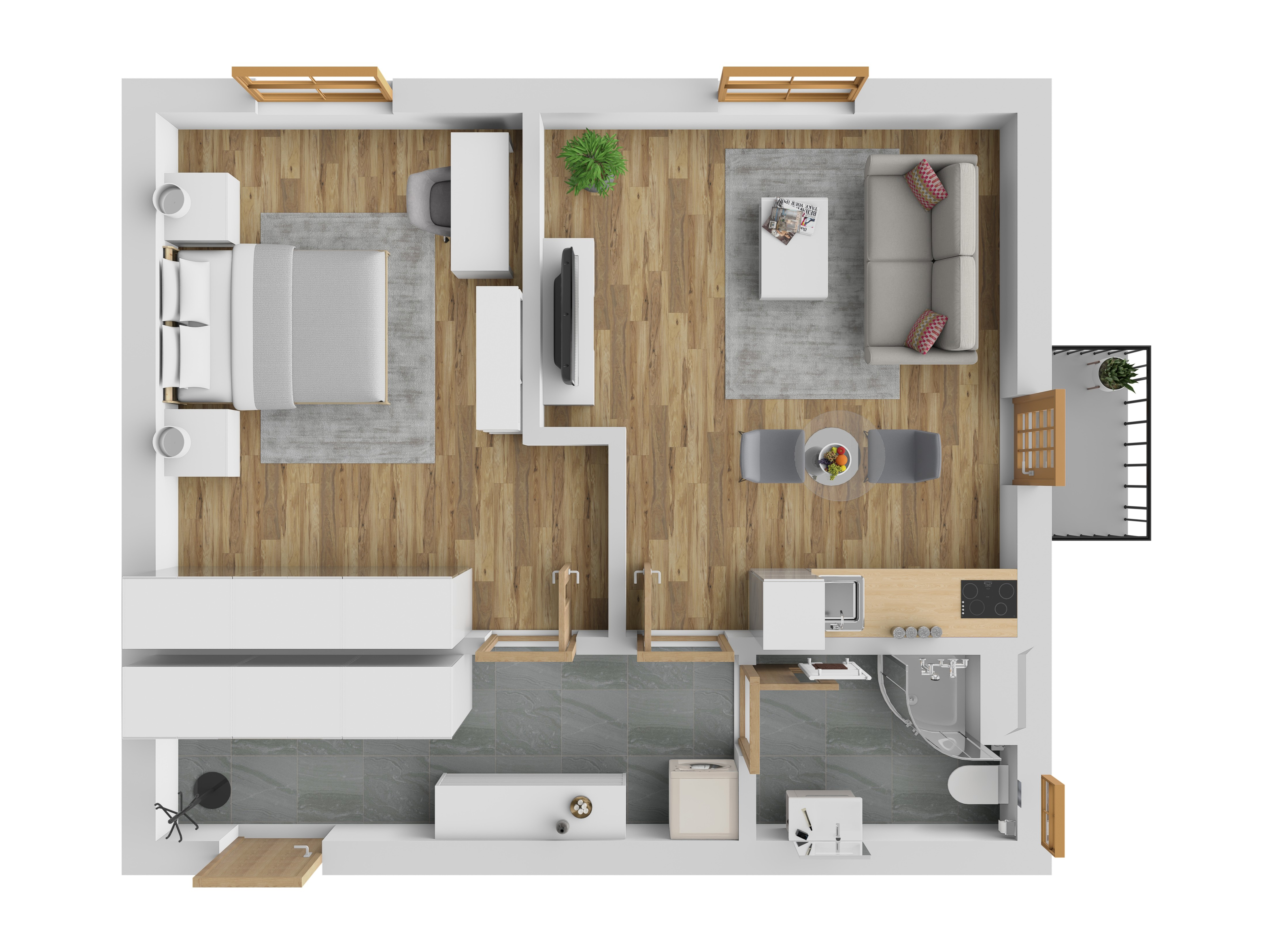 3D vizualizace apartmánu F — 2+kk, 48 m² (orientační zařízení).