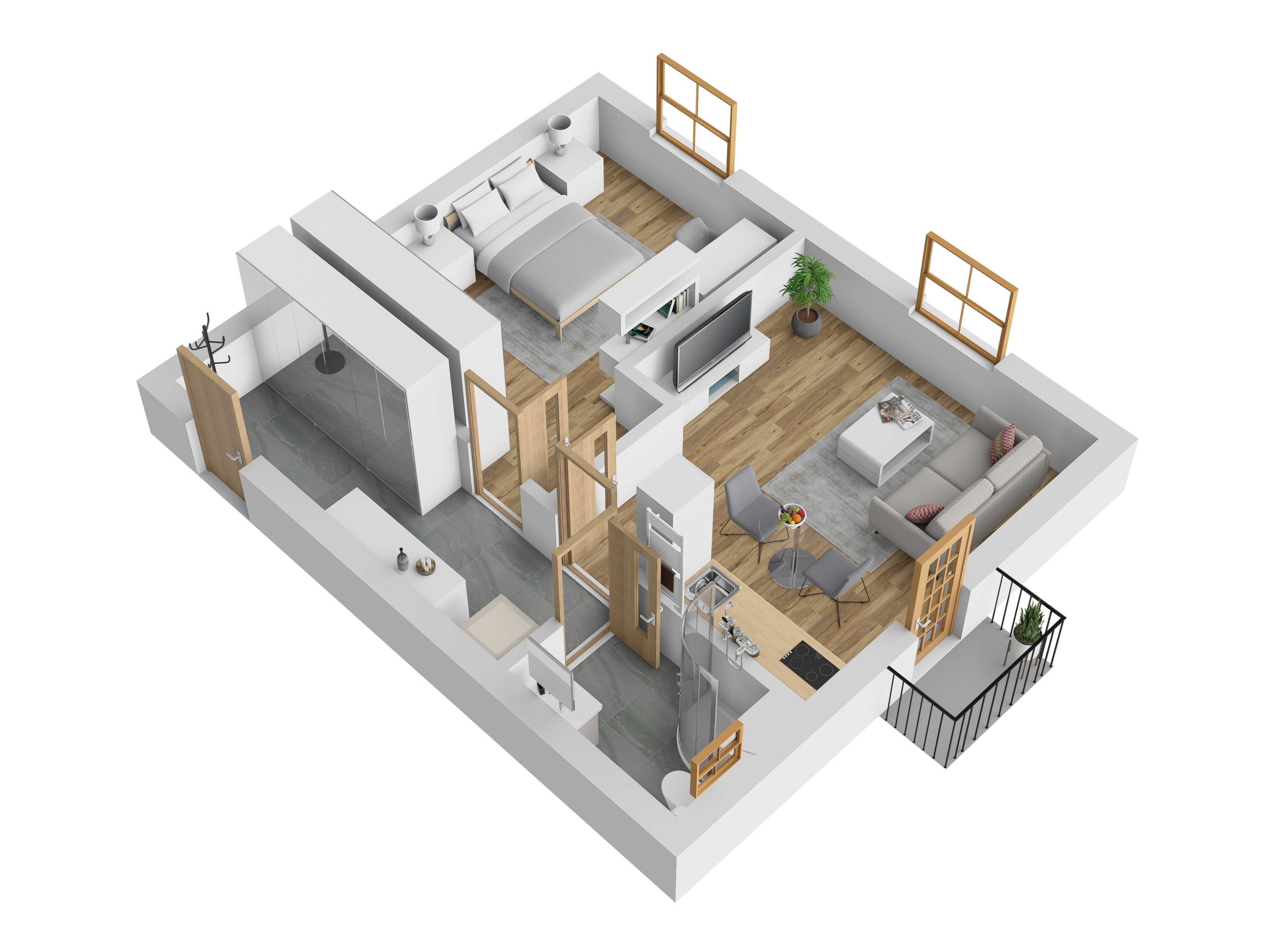 3D vizualizace apartmánu F — 2+kk, 48 m² (orientační zařízení).