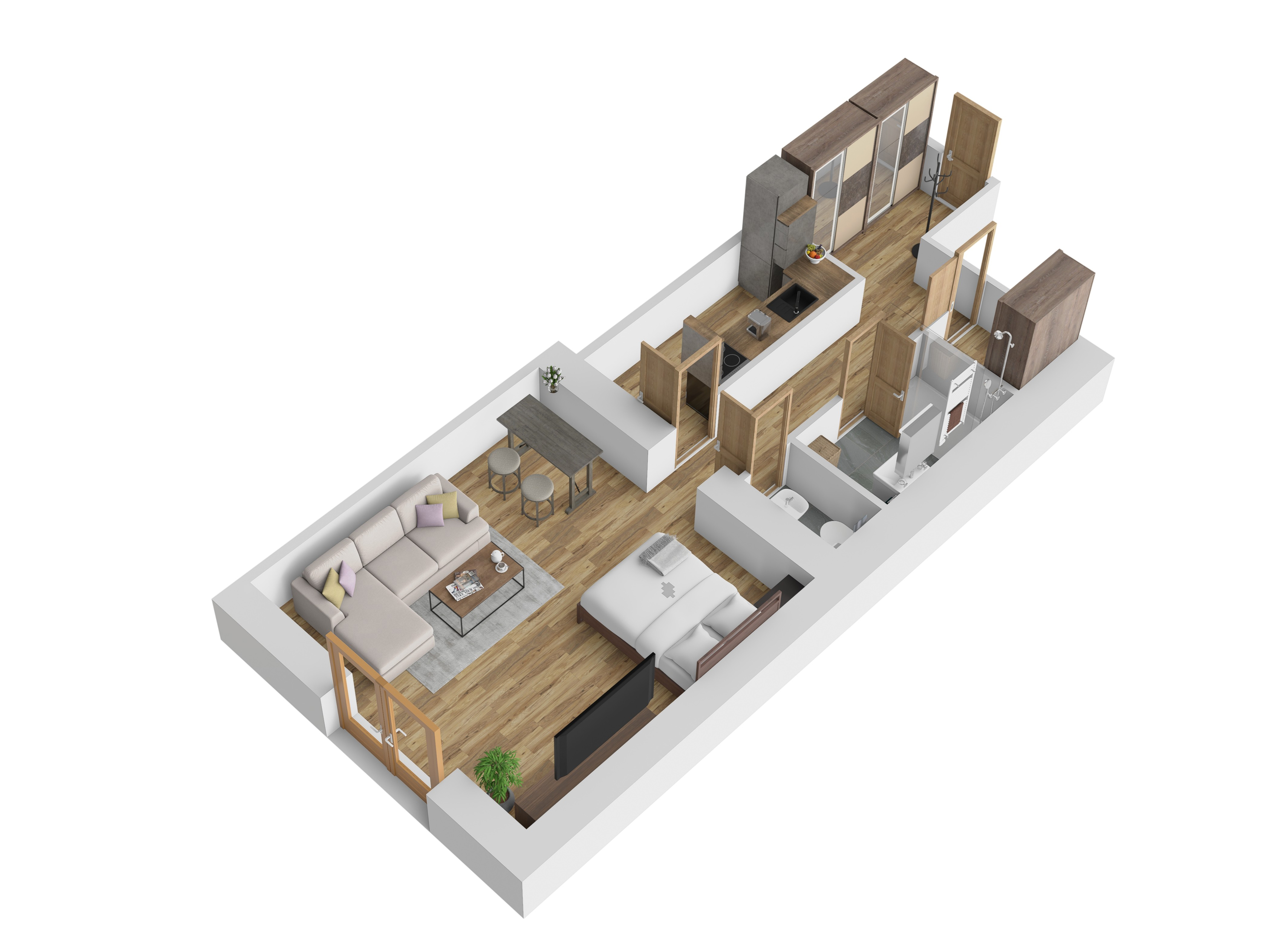 3D vizualizace apartmánu B — 1+1, 46 m² (orientační zařízení).