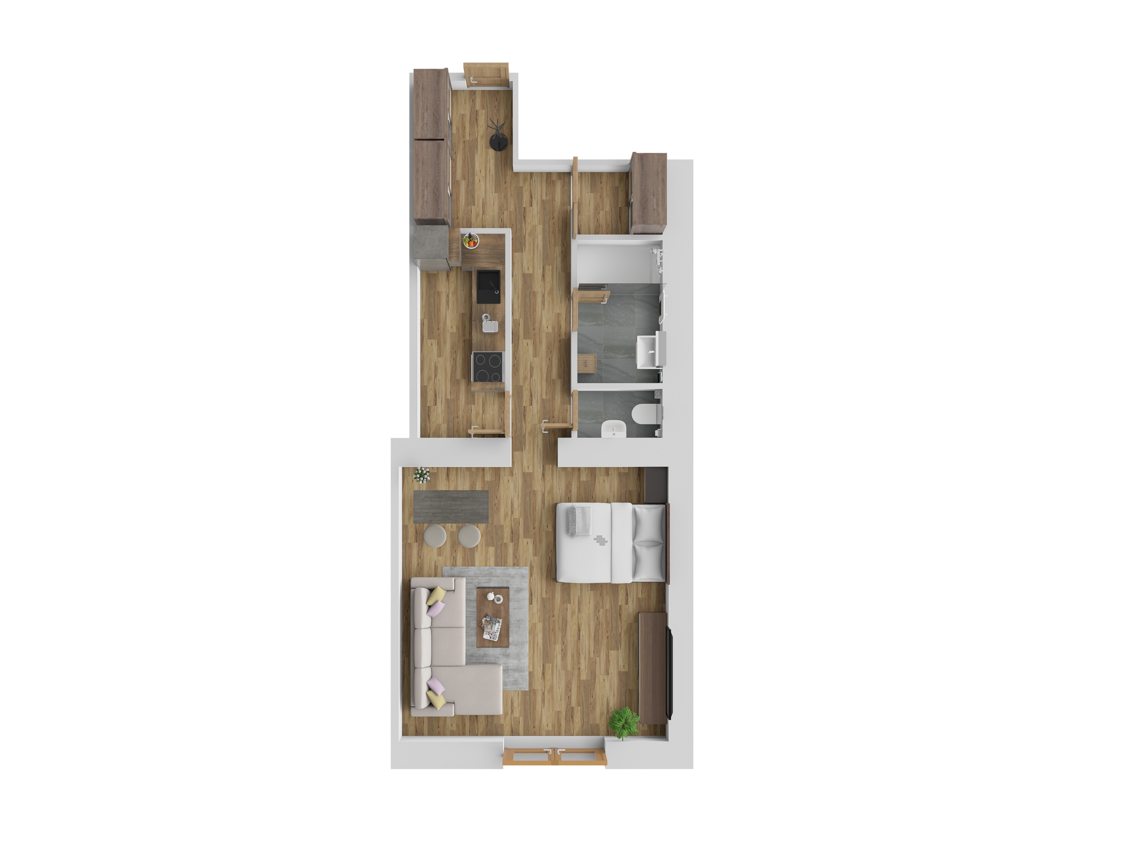 3D vizualizace apartmánu B — 1+1, 46 m² (orientační zařízení).