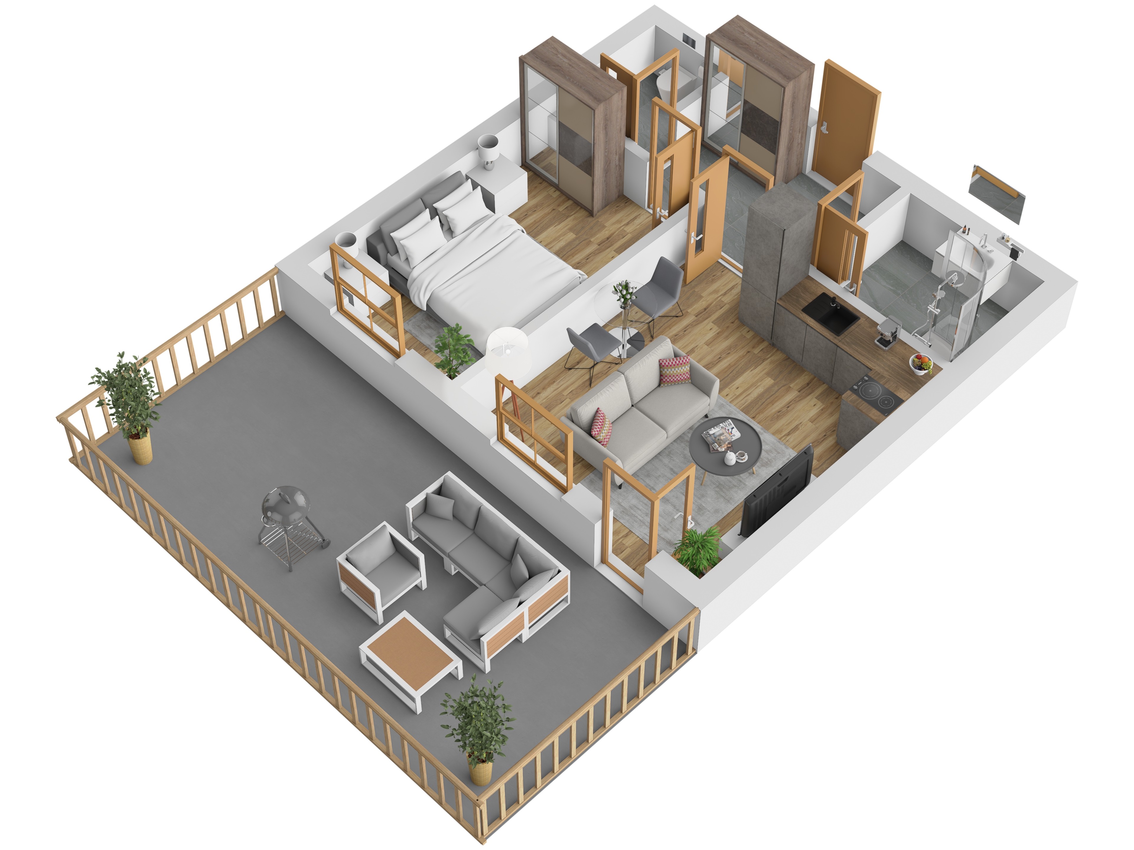 3D vizualizace apartmánu C — 2+kk, 42 m² (orientační zařízení).