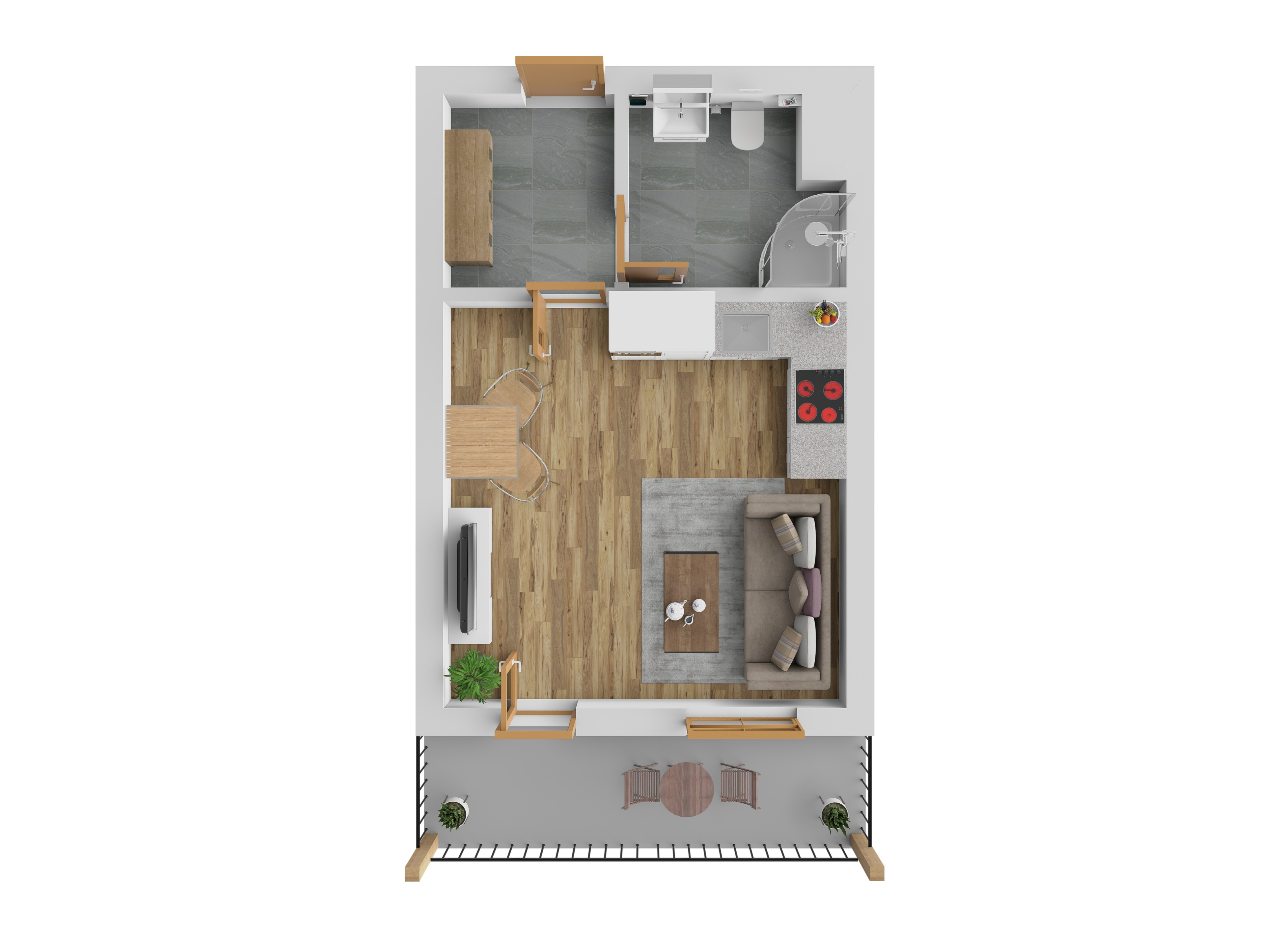 3D vizualizace apartmánu E — garsoniéra, 40 m² (orientační zařízení).