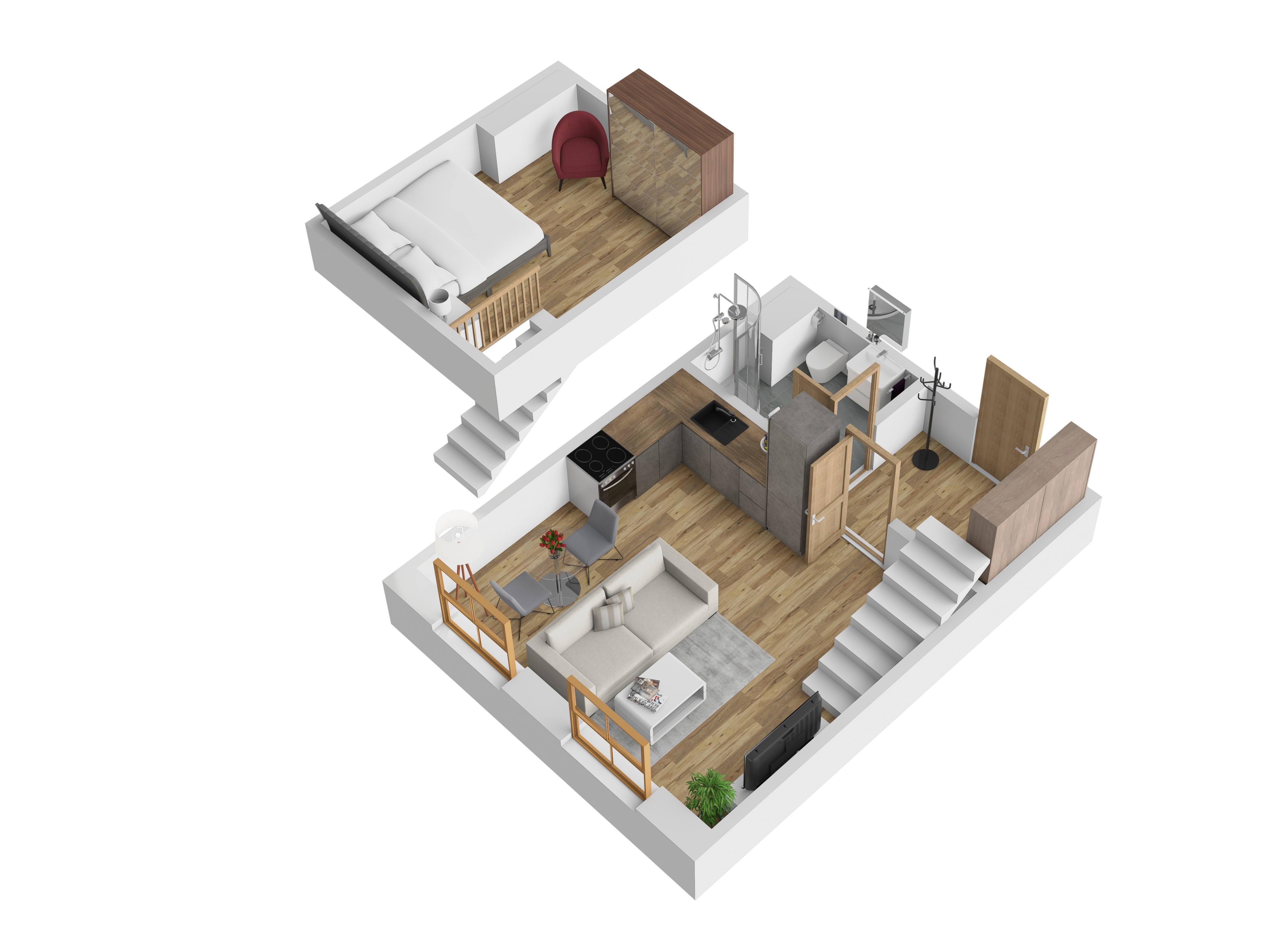 3D vizualizace apartmánu E — mezonet (dvoupodlažní uspořádání), 51 m² (orientační zařízení).