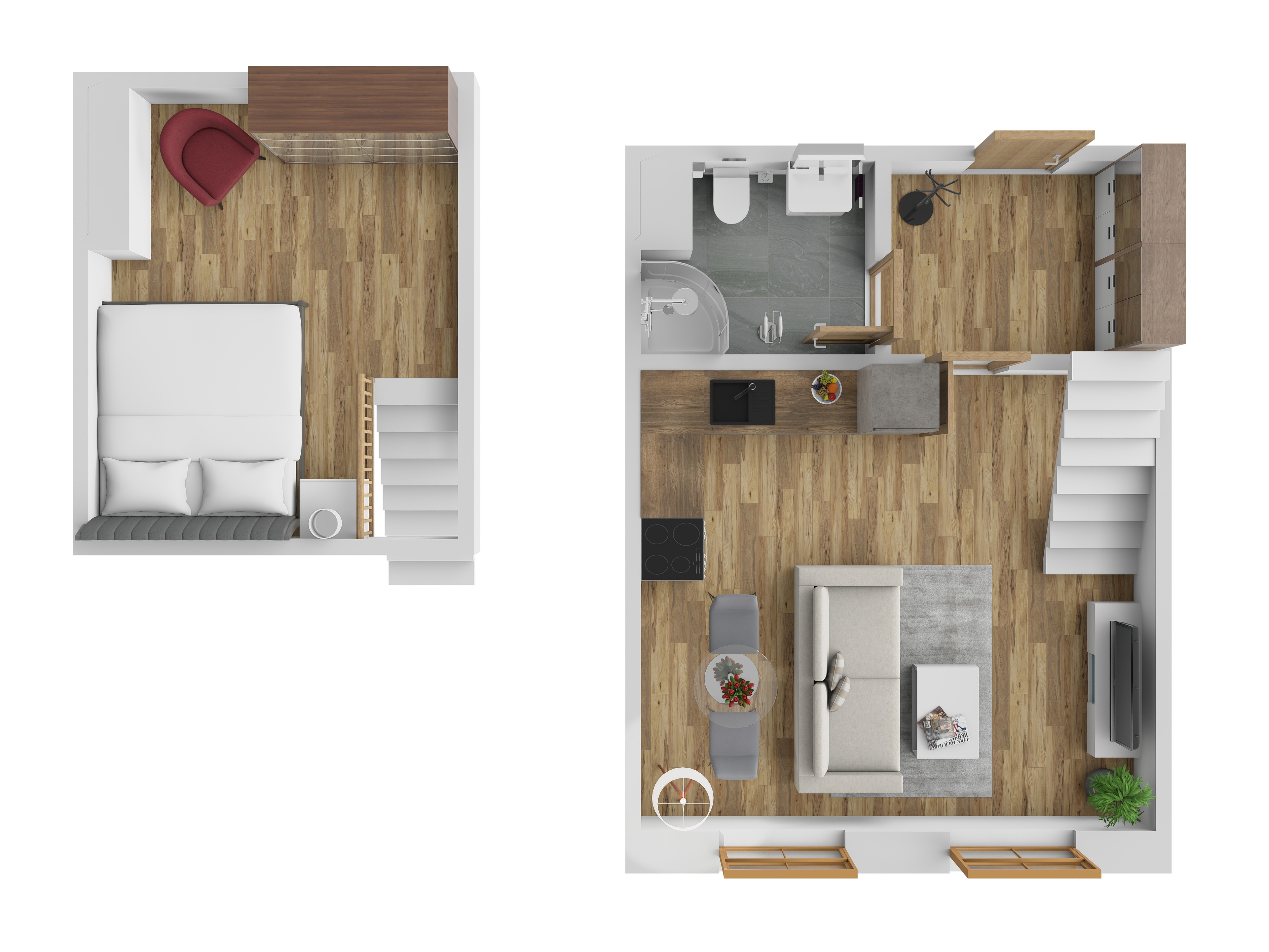 3D vizualizace apartmánu E — mezonet (dvoupodlažní uspořádání), 51 m² (orientační zařízení).