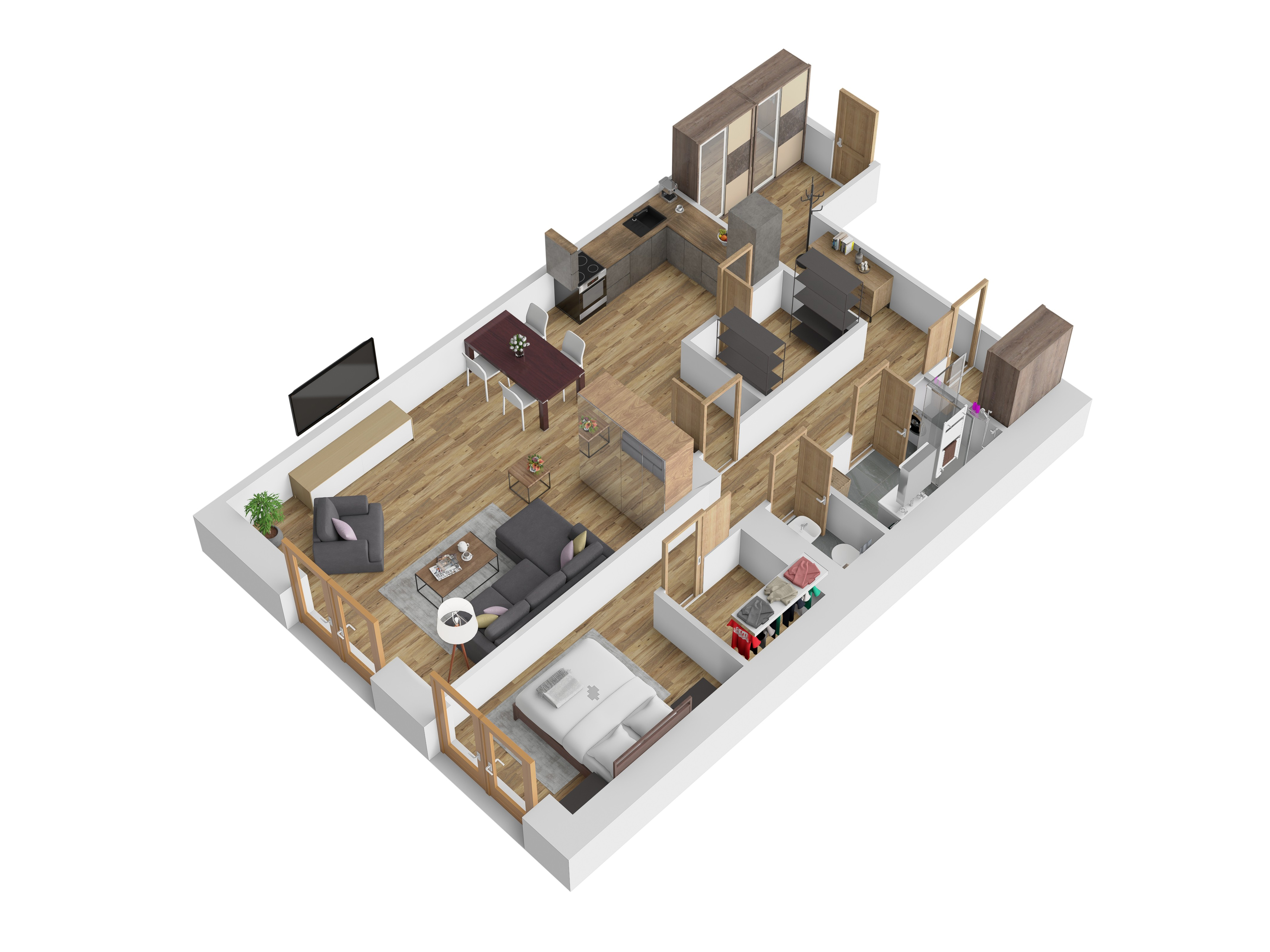 3D vizualizace apartmánu C — 2+1, 64 m² (orientační zařízení).