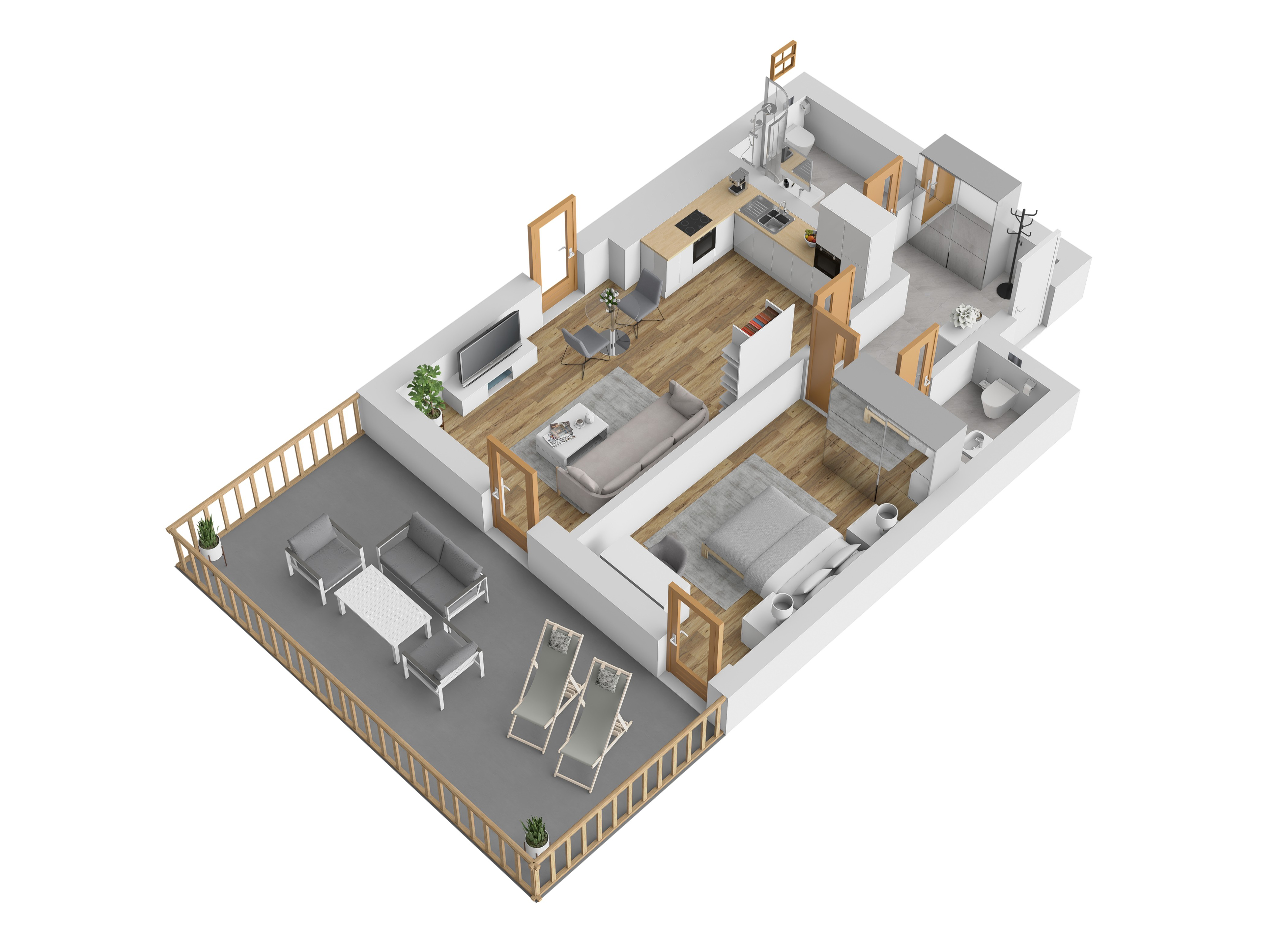 3D vizualizace apartmánu B — 2+kk, 51 m² (orientační zařízení).
