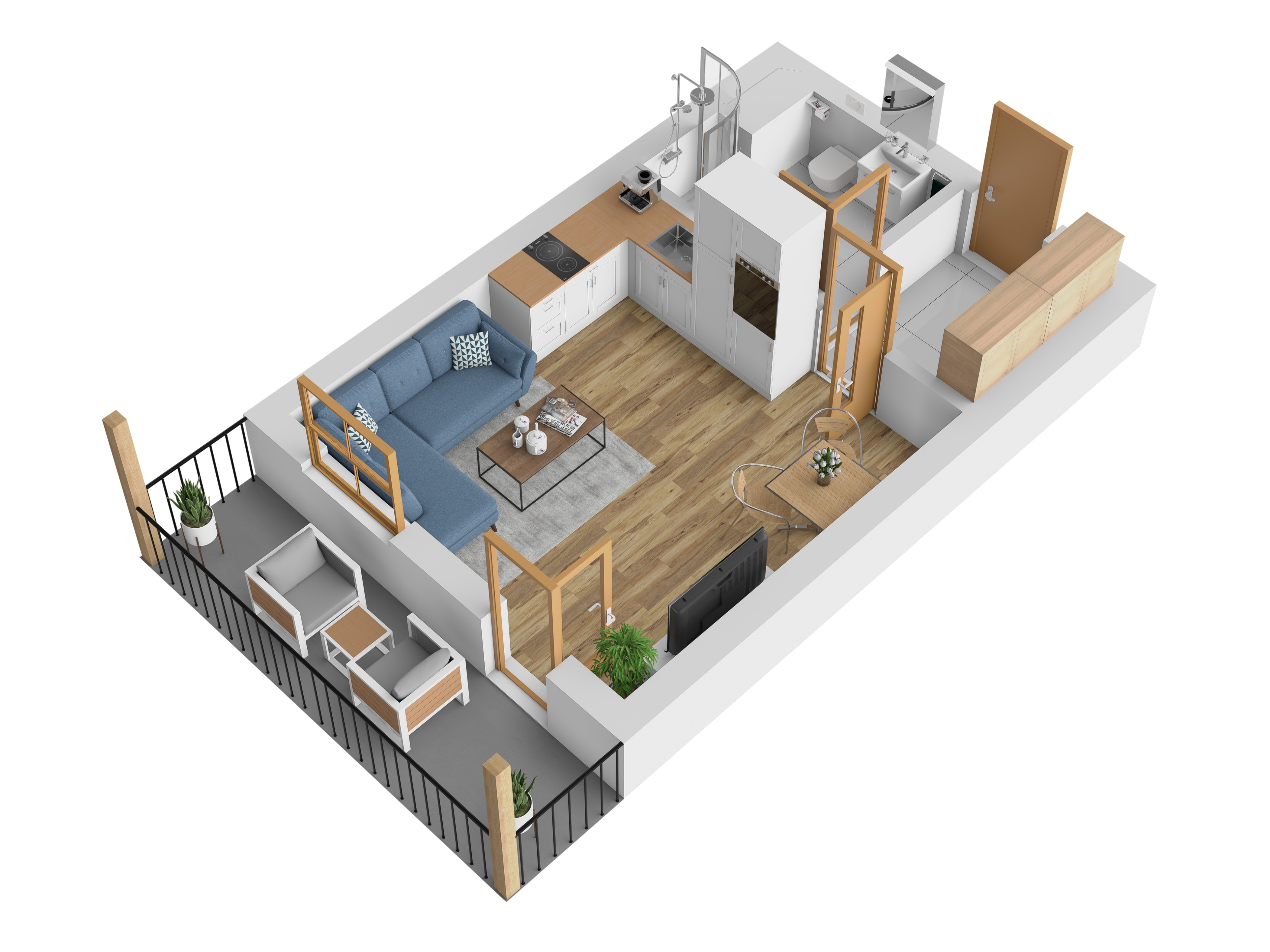 3D vizualizace apartmánu D — garsoniéra, 25 m² (orientační zařízení).