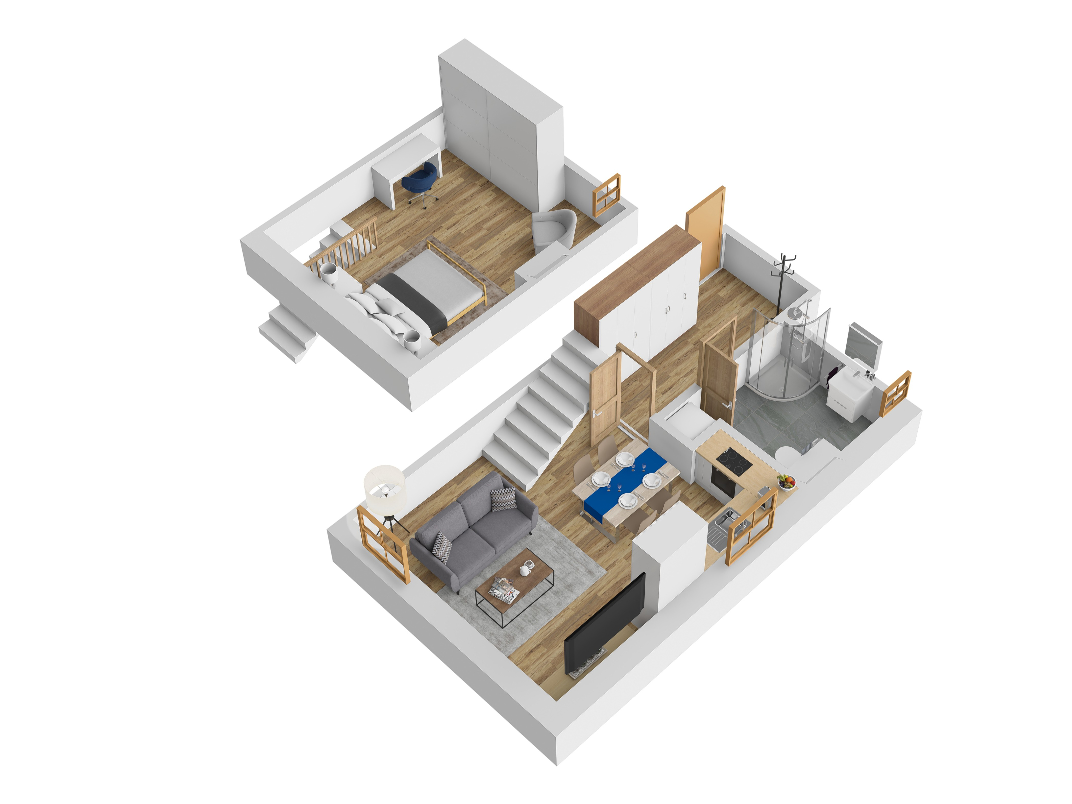 3D vizualizace apartmánu D — mezonet (dvoupodlažní uspořádání), 47 m² (orientační zařízení).