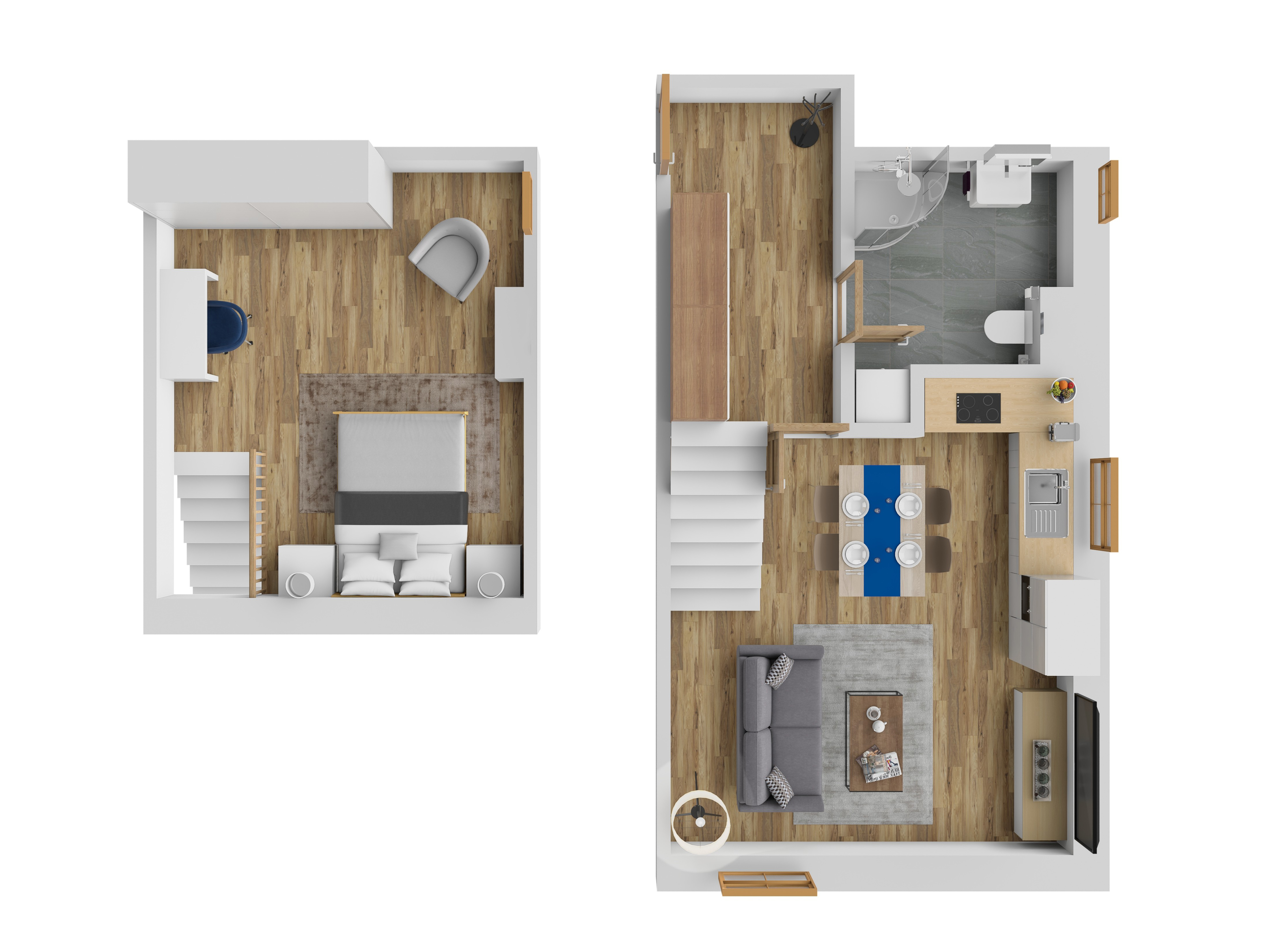 3D vizualizace apartmánu D — mezonet (dvoupodlažní uspořádání), 47 m² (orientační zařízení).