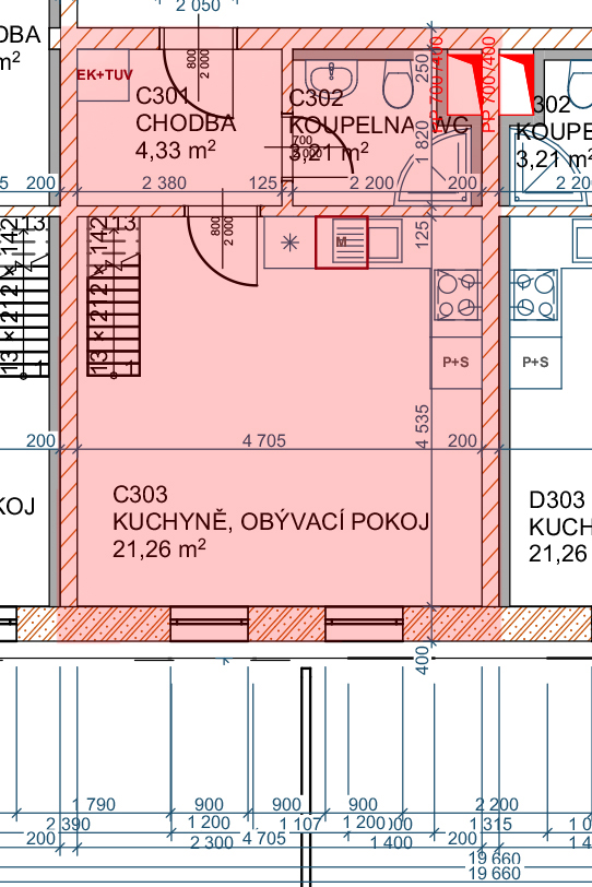 Půdorys mezonetu C33 — 3.NP — obytná úroveň.