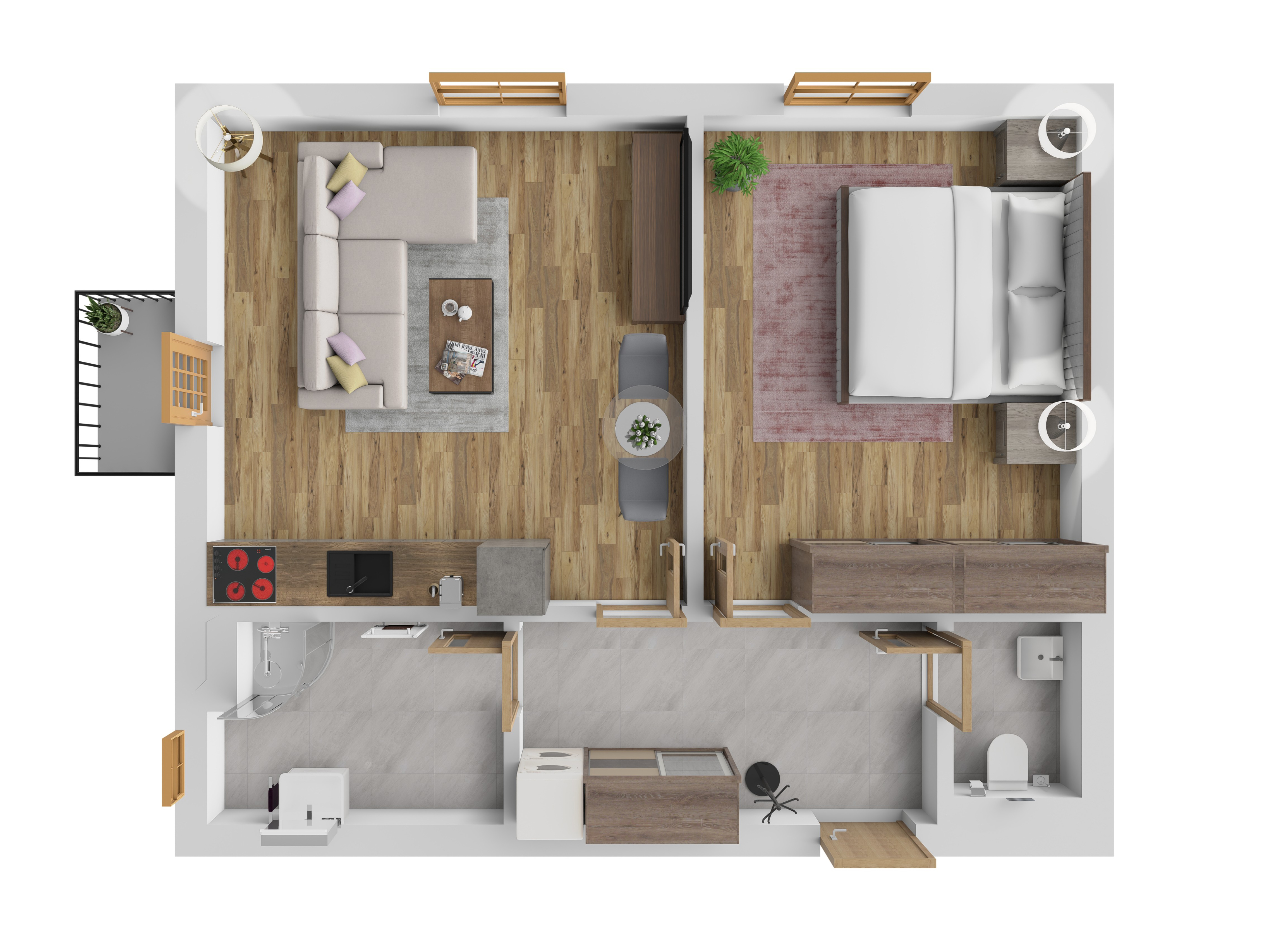 3D vizualizace apartmánu A — 2+kk, 51 m² (orientační zařízení).