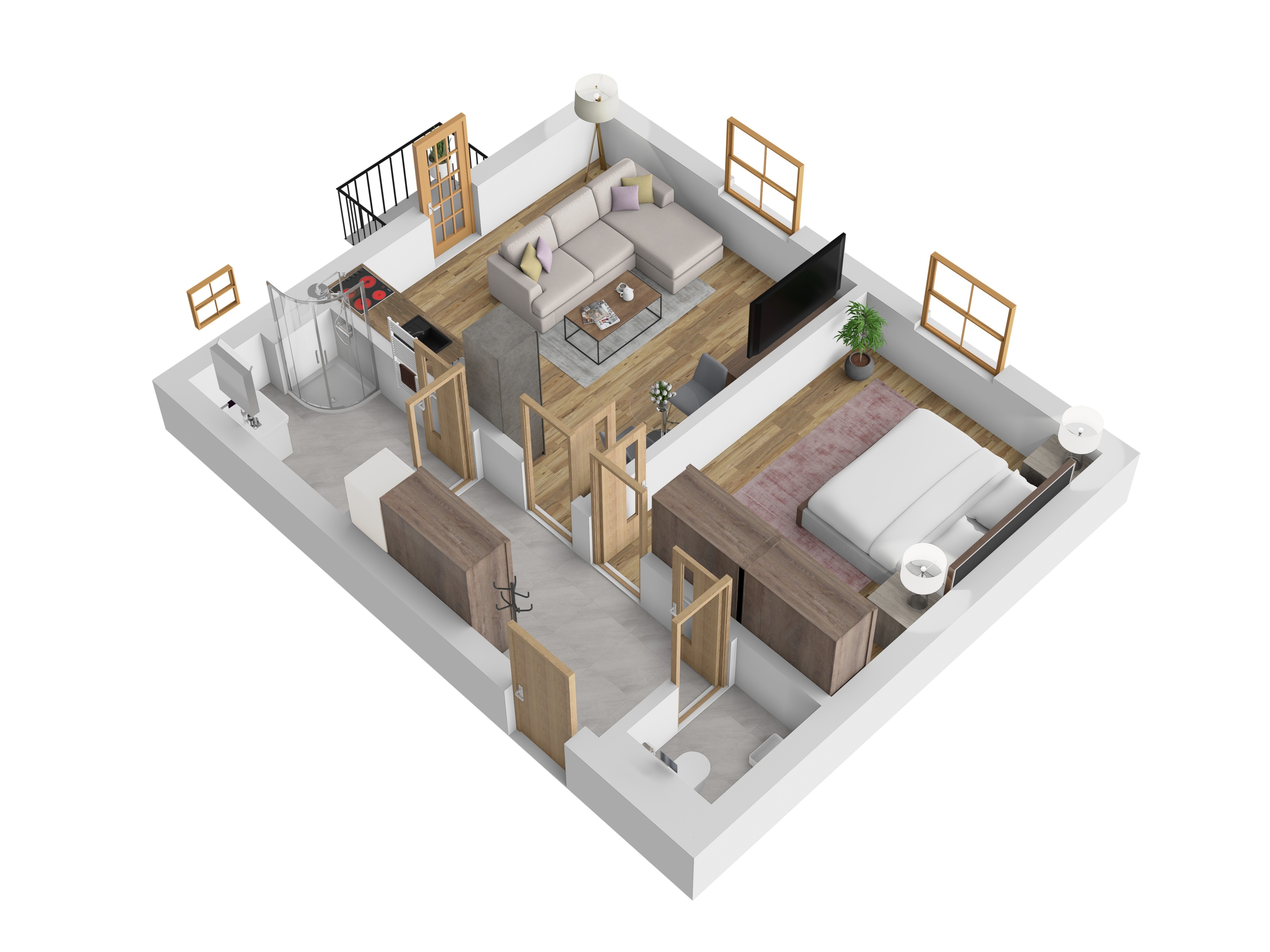 3D vizualizace apartmánu A — 2+kk, 51 m² (orientační zařízení).