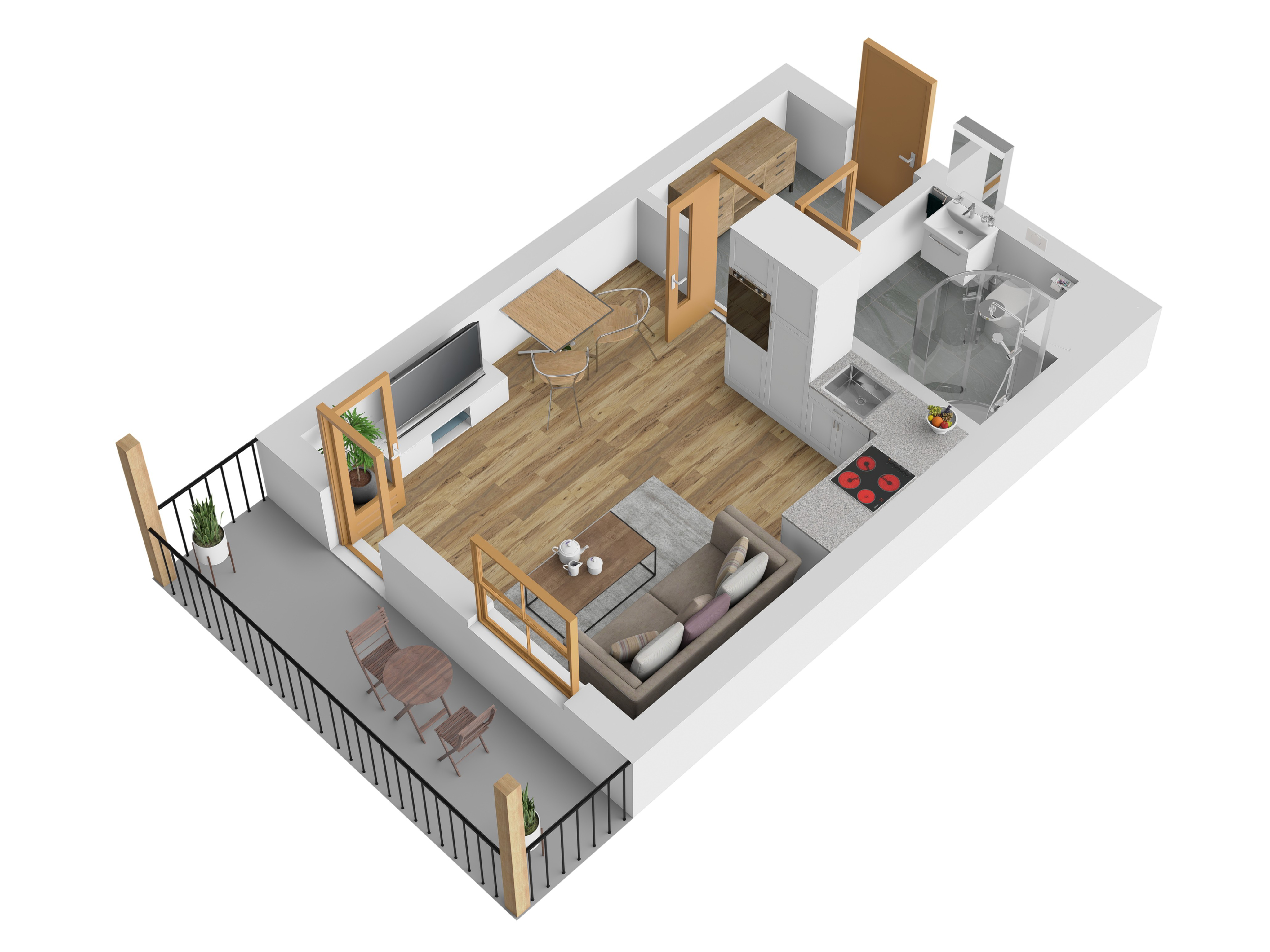 3D vizualizace apartmánu C — garsoniéra, 27 m² (orientační zařízení).