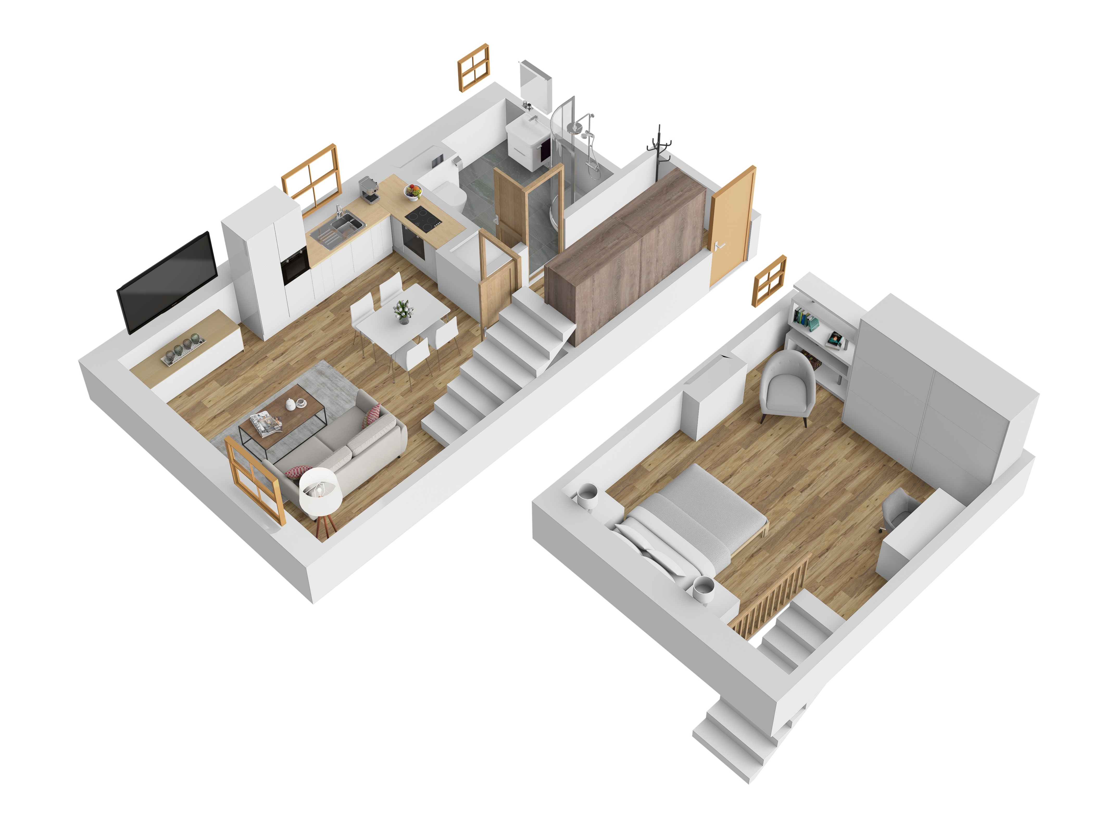 3D vizualizace apartmánu C — mezonet (dvoupodlažní uspořádání), 48 m² (orientační zařízení).