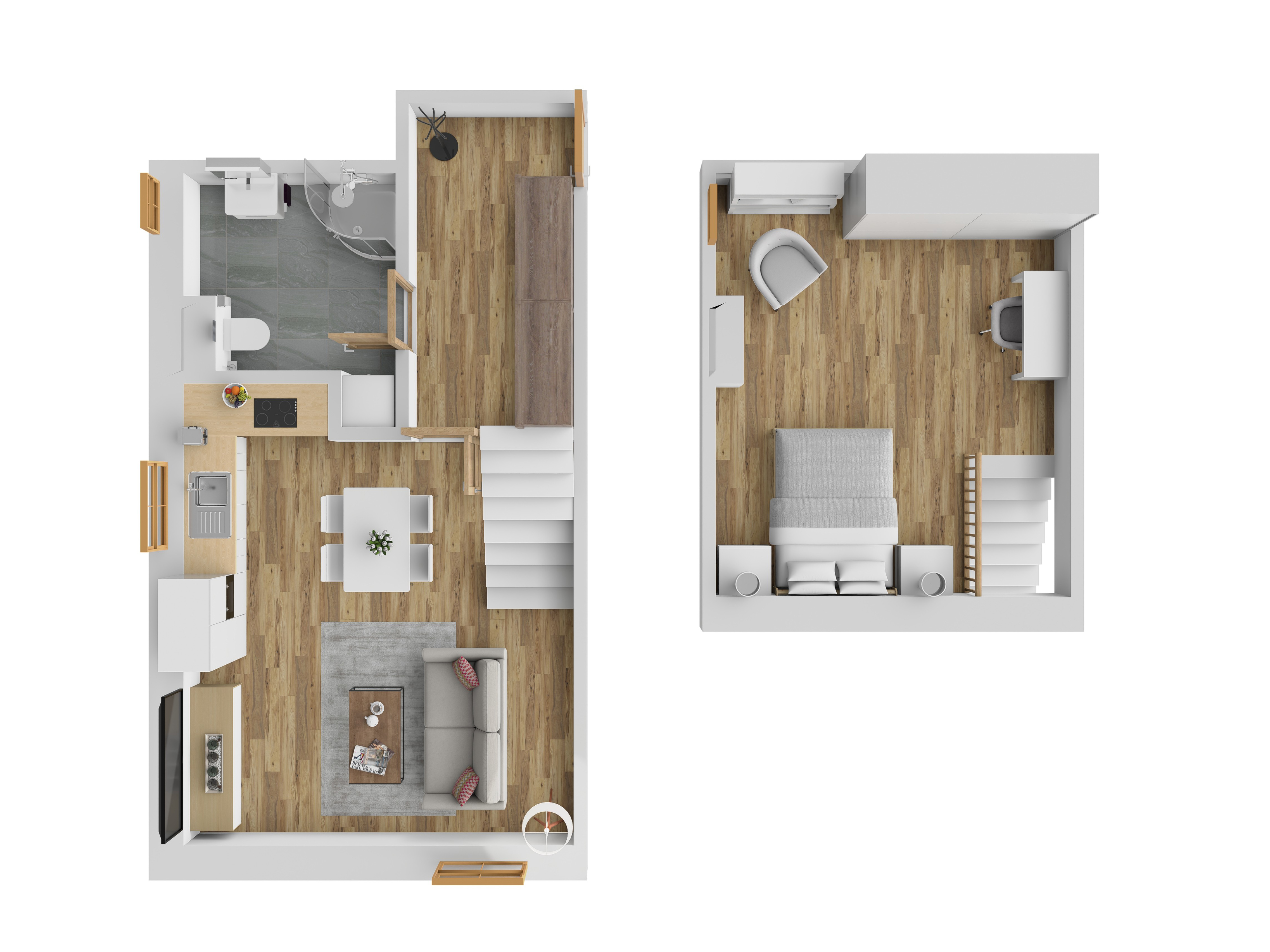 3D vizualizace apartmánu C — mezonet (dvoupodlažní uspořádání), 48 m² (orientační zařízení).