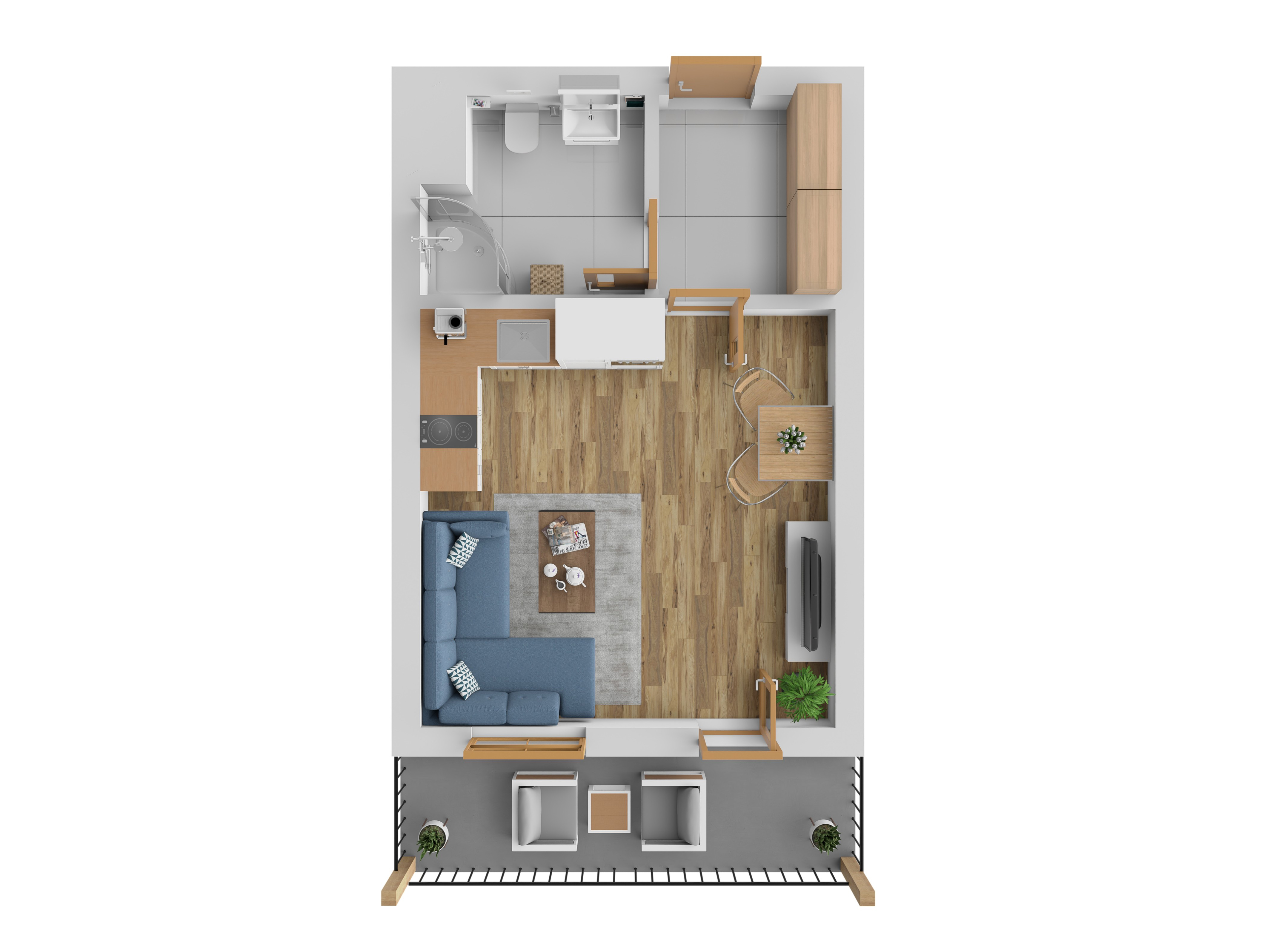 3D vizualizace apartmánu B — garsoniéra, 41 m² (orientační zařízení).
