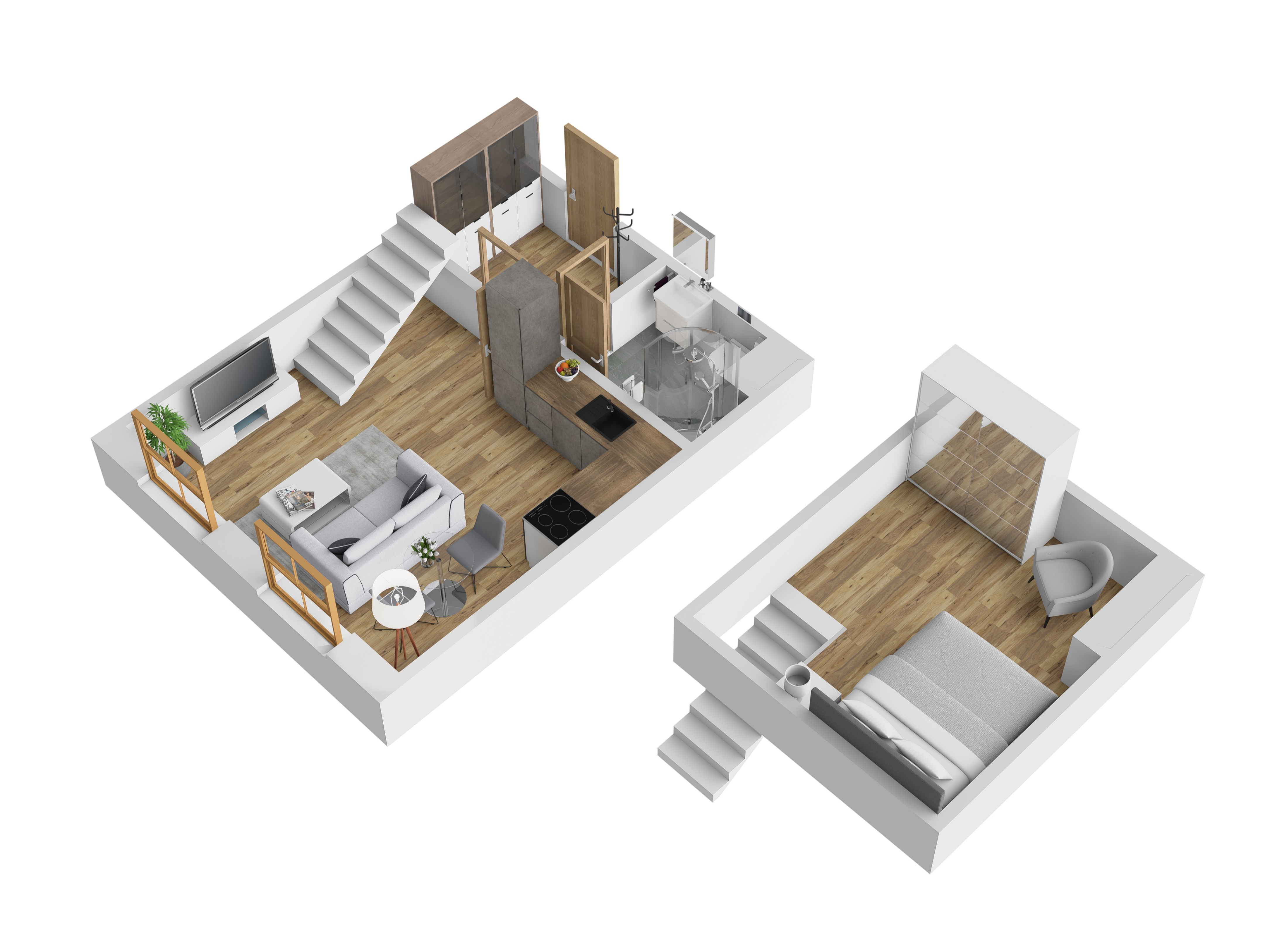 3D vizualizace apartmánu B — mezonet (dvoupodlažní uspořádání), 50 m² (orientační zařízení).