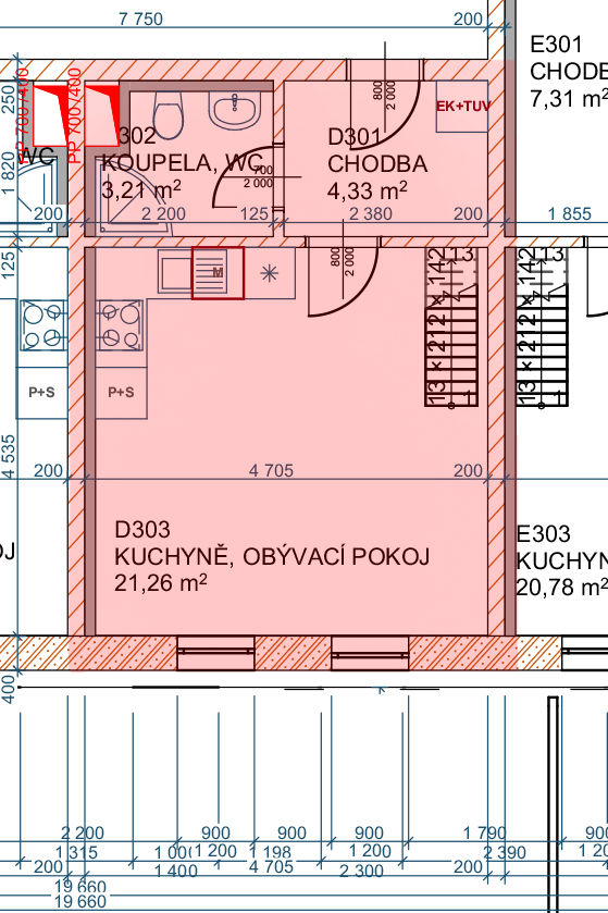 Půdorys mezonetu E35 — 3.NP — obytná úroveň.