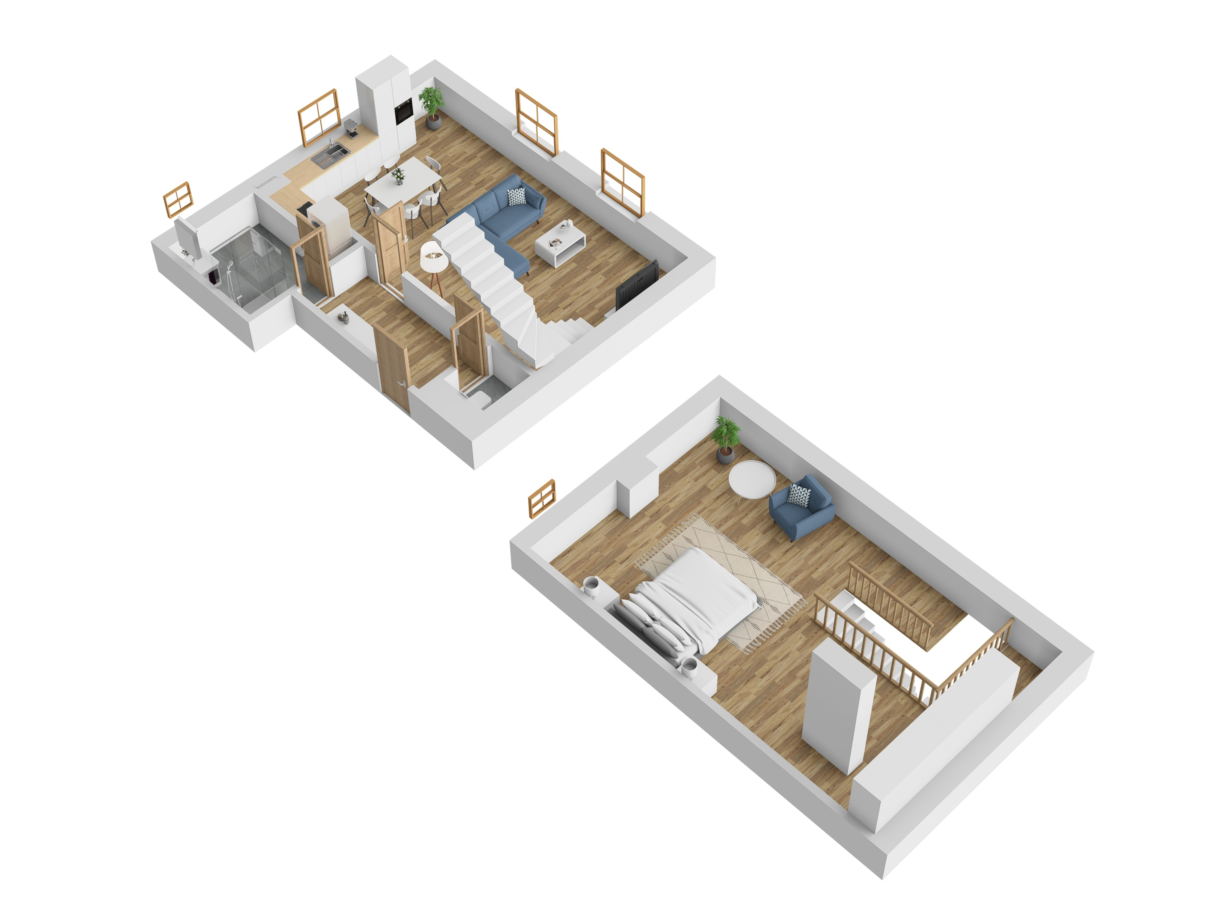 3D vizualizace apartmánu A — mezonet (dvoupodlažní uspořádání), 90 m² (orientační zařízení).