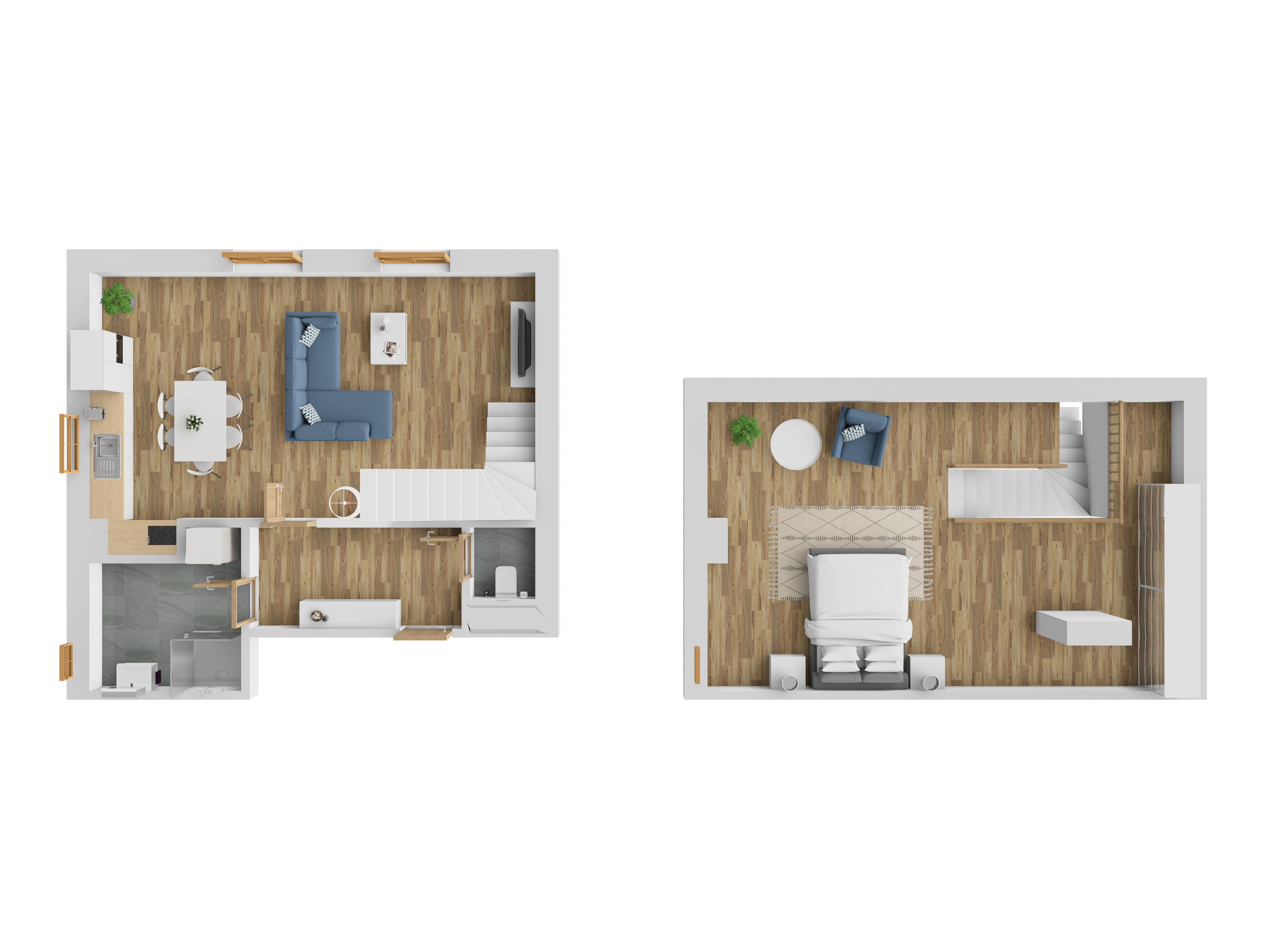 3D vizualizace apartmánu A — mezonet (dvoupodlažní uspořádání), 90 m² (orientační zařízení).